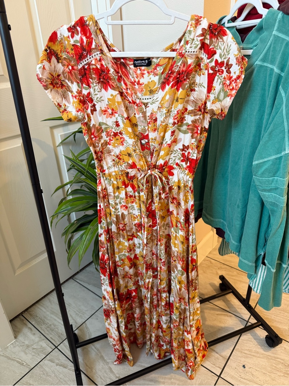 Tie-Waist Floral Maxi Dress - Red & Mustard